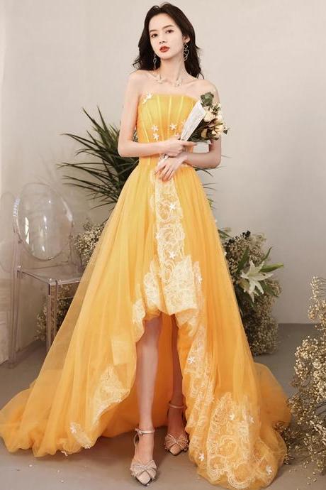 Mermaid A-line Orange Strapless Tulle Lace Long Prom Dress