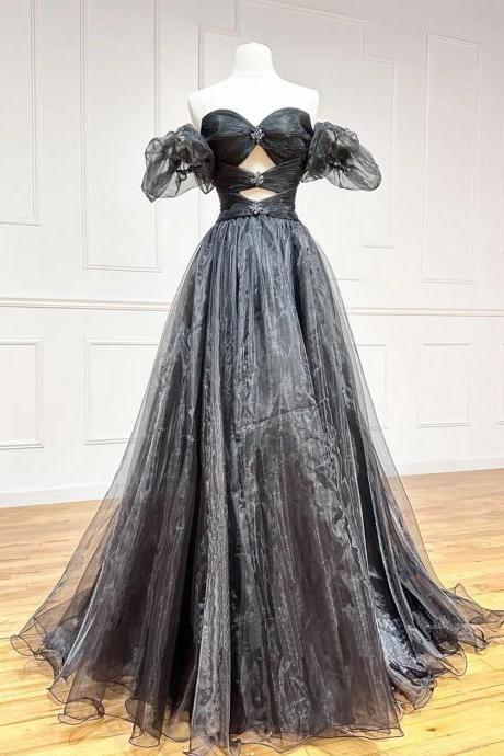 A-line Organza Black Long Prom Dresses