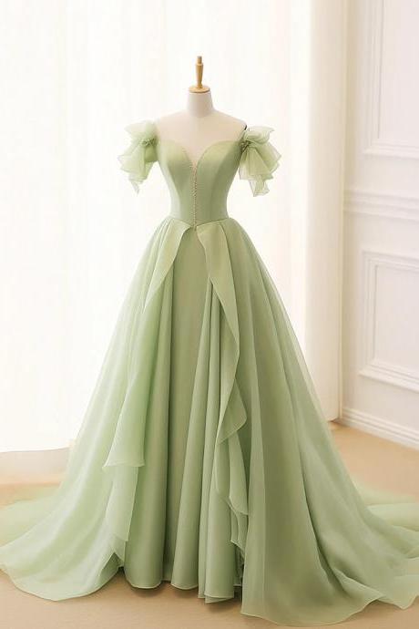 A-line Green Tulle Long Prom Dresses