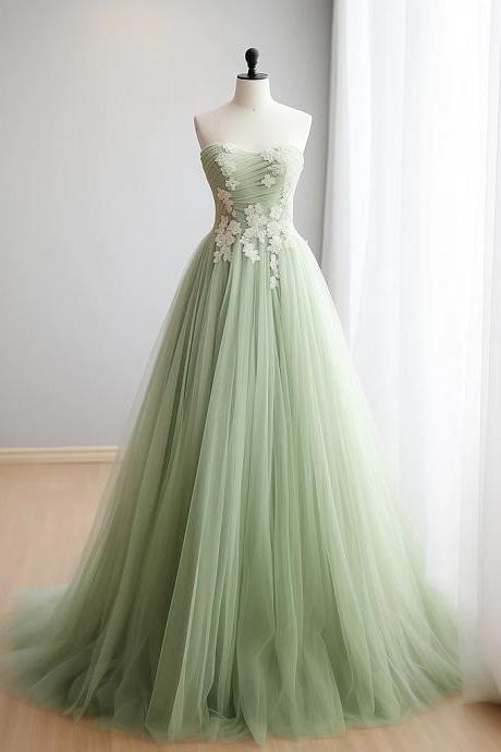 A-line Tulle Lace Applique Green Long Prom Dresses