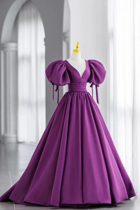 Regal Purple Puff Sleeve Ball Gown