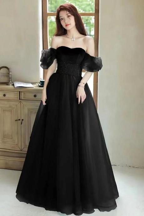 A-line Off The Shoulder Black Velvet And Tulle Long Prom Dresses