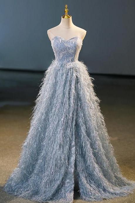 Icy Blue Strapless Gown With Ethereal Feathered Tulle Skirt
