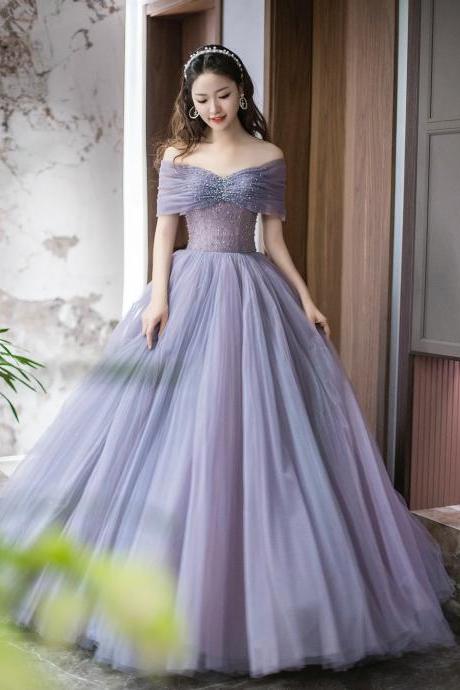 Off Shoulder A-line Purple Tulle Beaded Floor Length Prom Evening Dresses