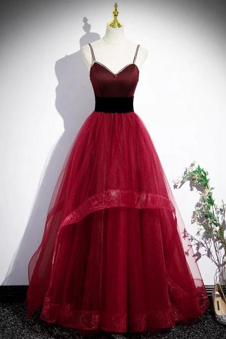 Burgundy Tulle Layered Ball Gown With Velvet Bodice
