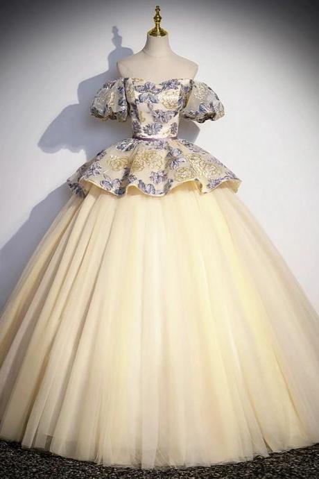 Off The Shoulder A-line Champagne Floral Tulle Long Prom Dresses
