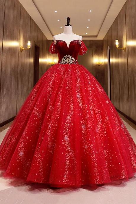 Off Shoulder Burgundy Velvet Red Tulle Long Formal Dress Prom Dress