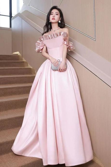 Off Shoulder Floor Length Pink Satin Long Prom Dresses