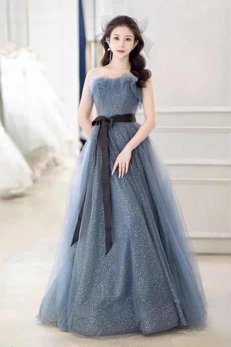 Beautiful A-line Strapless Gray Blue Tulle Long Prom Dresses