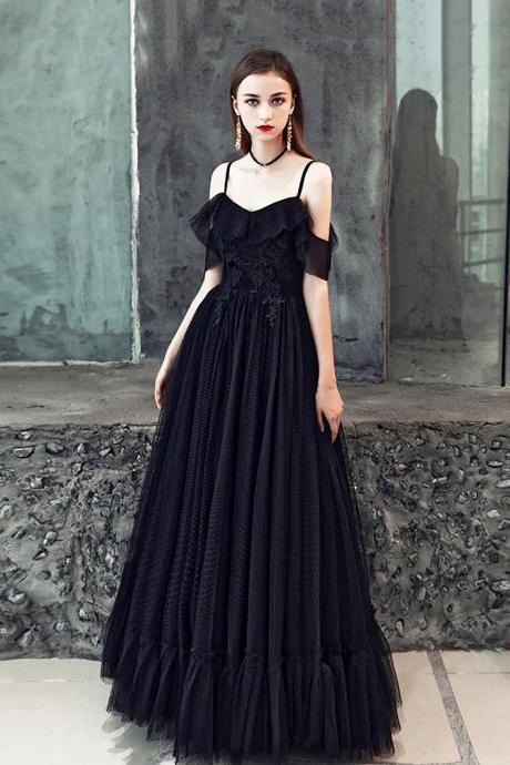 Spaghetti Strap A-line Black Tulle Floor Length Prom Dress With Lace