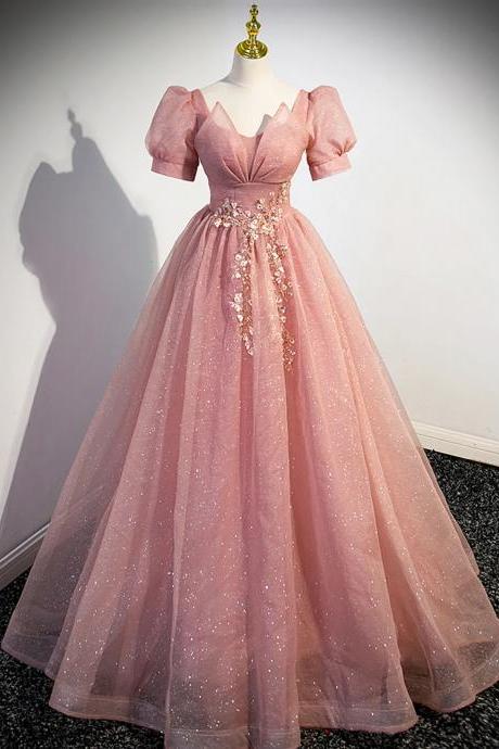 Beautiful A-line Pink Tulle Floor Length Prom Dress With Short Sleeve