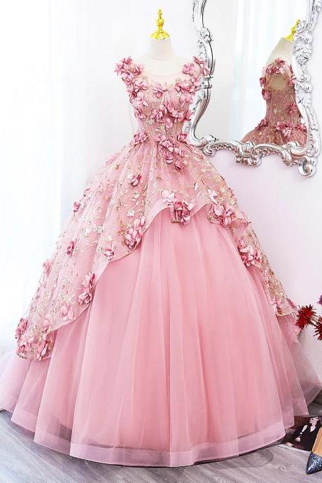 Beautiful A-line Sweet Pink Tulle Long Prom Dress With Flowers
