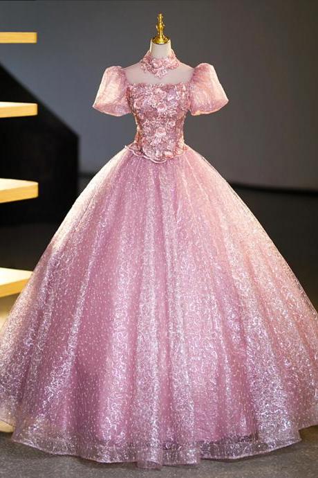 Beautiful A-line Pink Tulle And Lace Long Prom Dress With Sequins