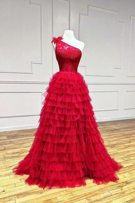 One Shoulder Red Tulle Lace Long Prom Dresses, Evening Dresses