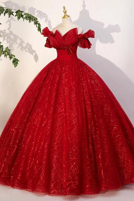 Off Shoulder Red Tulle Long A-line Ball Gown Party Dresses