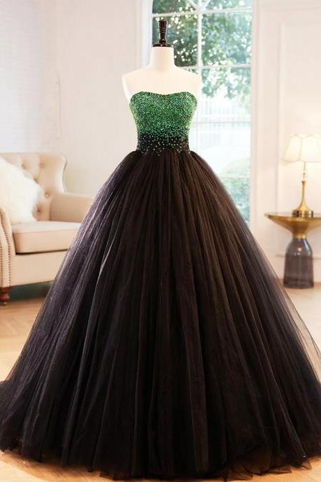 A-line Black Strapless Tulle Long Prom Dress With Beaded
