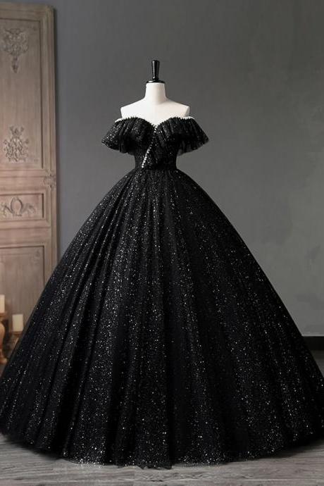 Vintage Off Shoulder Black Tulle Long A-line Prom Evening Dress