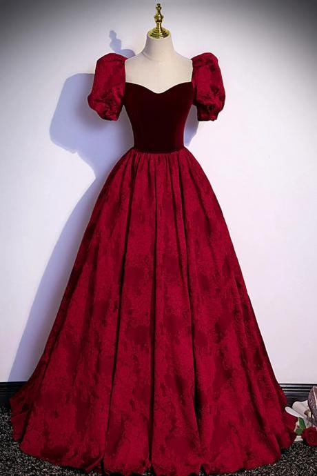 A-line Burgundy Velvet Long Prom Dress With Short Sleeves