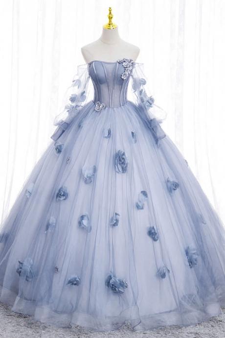 A-line Off The Shoulder Blue Tulle Long Sleeve Prom Dresses