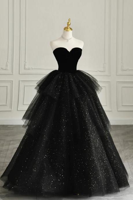 A-line Sweetheart Neck Black Strapless Tulle Prom Dress With Velvet