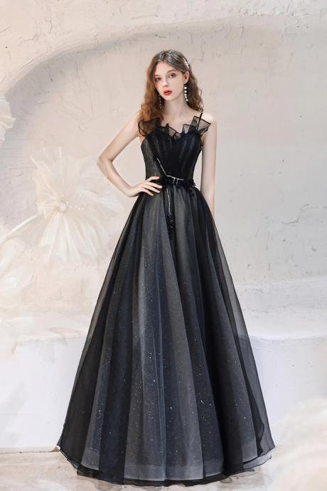 Lovely A-line Black Long Tulle Prom Dresses