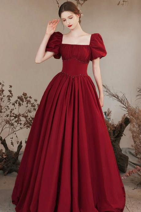 A-line Burgundy Satin Formal Evening Gown With Puff Sleeve