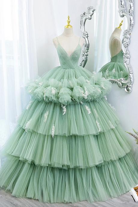 Ball Gown Green V-neck Layers Mermaid Tulle Long Prom Dresses