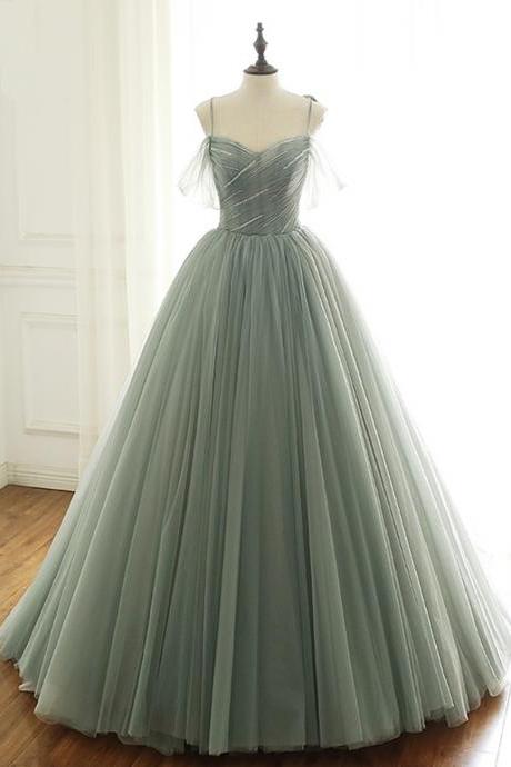 A-line Spaghetti Straps Tulle Long Evening Dresses