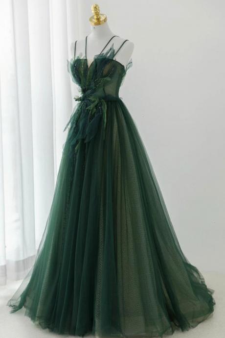 A-line Green Tulle Long Prom Dress, Formal Evening Dress
