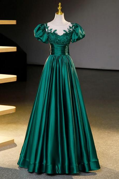 Floor Length Green Satin Formal Evening Dress With Lace
