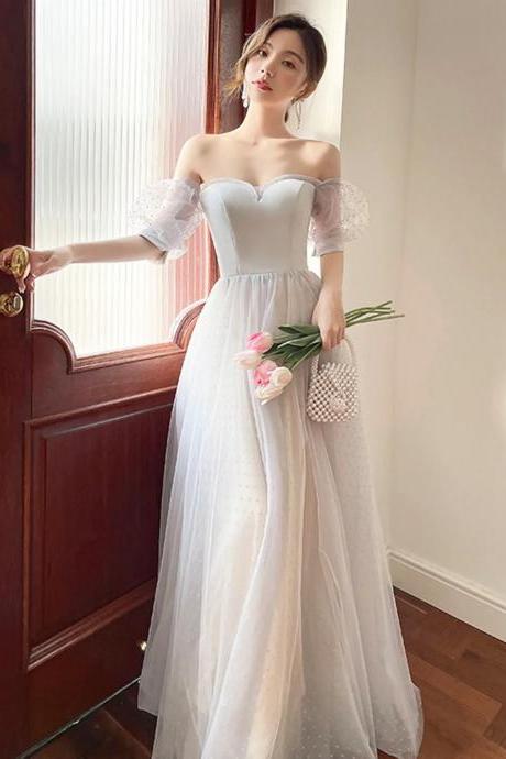Lovely A-line Gray Strapless Tulle Long Prom Dress, Evening Dress