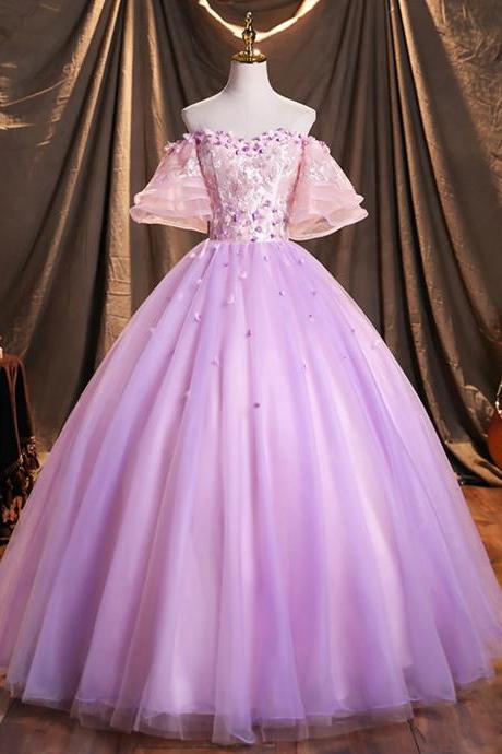 A-line Off The Shoulder Purple Tulle Sequins Long Prom Dresses