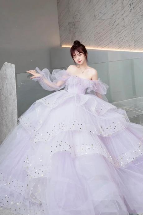 Princess Purple Long Sleeve Tulle Prom Dress,sweet 16 Dress