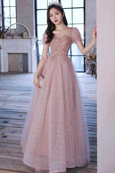 A-line Pink Tulle Sequins Long Prom Evening Dress With Short Sleeve