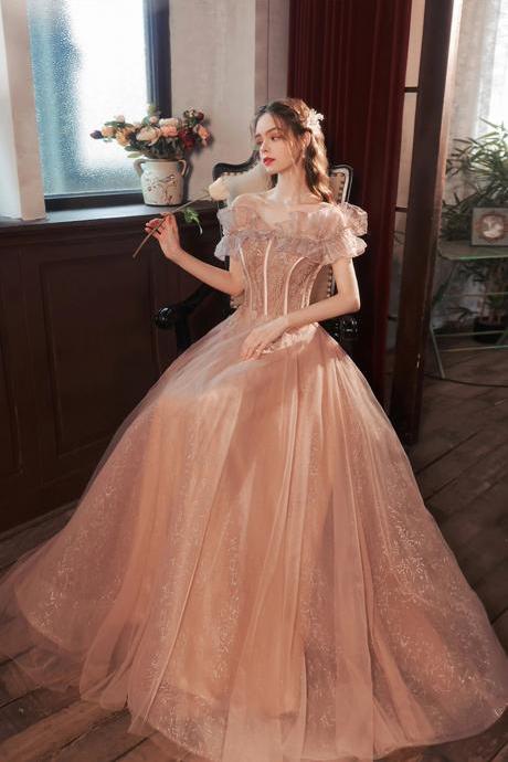 Charming A-line Pink Tulle Beaded Long Prom Dresses