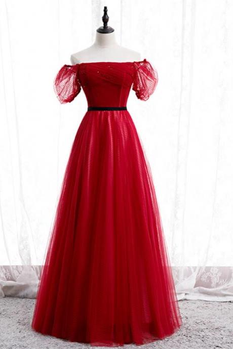 A-line Off The Shoulder Red Tulle Evening Dresses