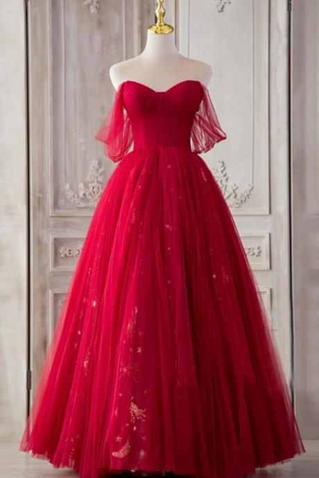 Simple A-line Off The Shoulder Red Tulle Formal Dresses
