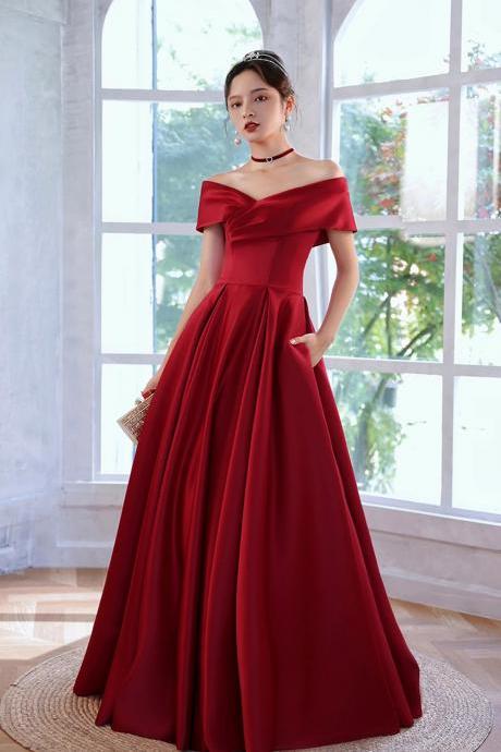 Floor Length Red Satin A-line Off Shoulder Prom Dresses