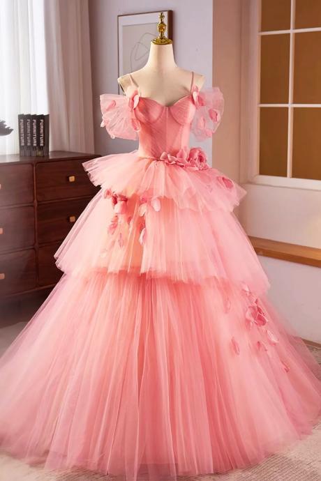 Beautiful Pink Spaghetti Strap Tulle Long Prom Dresses