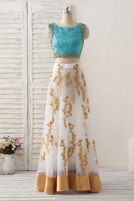Enchanted Teal And Gold Embroidered Two Piece Set Prom Dress