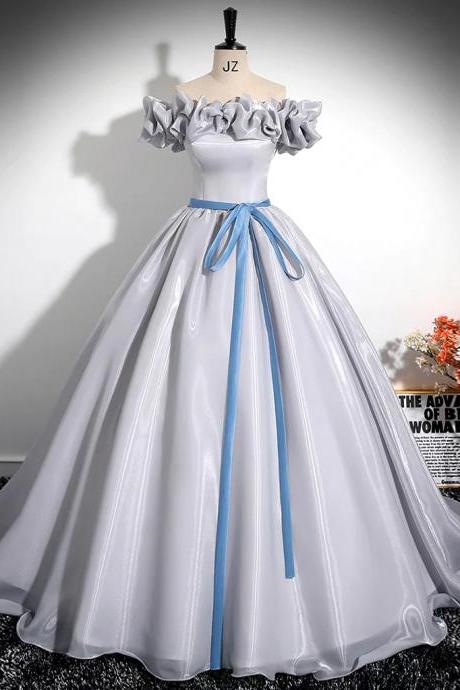 Off Shoulder Gray Satin Long Prom Dress, Formal Dress
