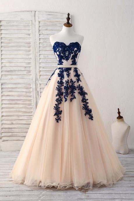 Elegant A Line Sweetheart Tulle Blue Long Prom Dresses With Lace Applique