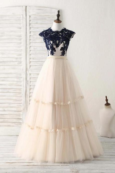 Elegant A Line Tulle Navy Blue Lace Applique Long Prom Dresses