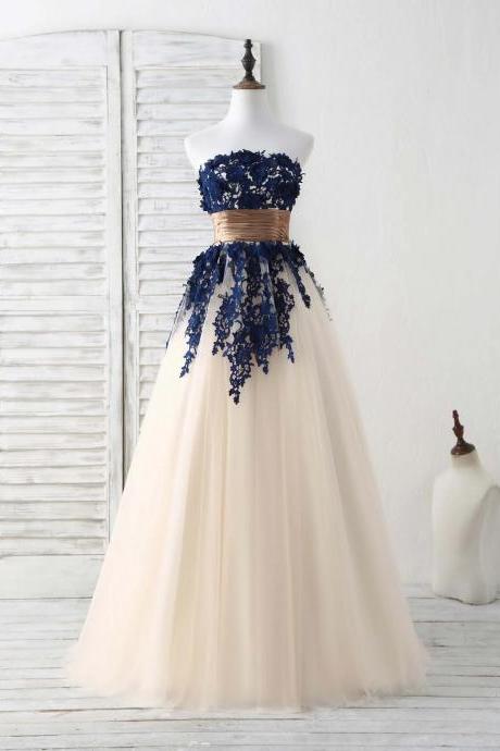 A Line Dark Blue Lace Applique Tulle Long Prom Dresses