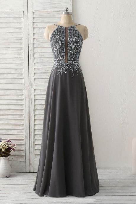 A Line Dark Gray Sequin Beads Backless Evening Dress
