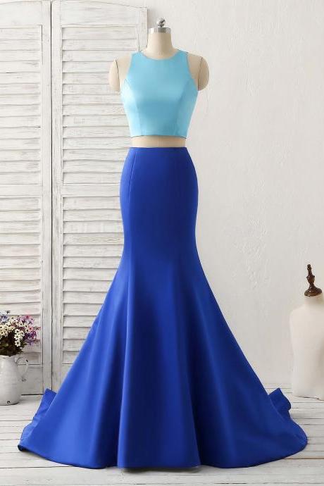 Mermaid Two Pieces Royal Blue Satin Long Prom Dresses