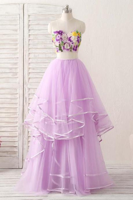 A Line Purple Two Pieces Applique Tulle Long Prom Dresses With Flower