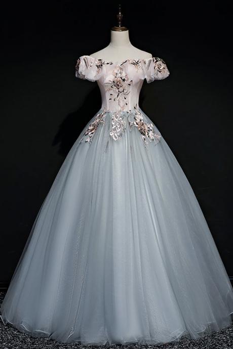 A Line Gray Tulle Lace Long Prom Dresses