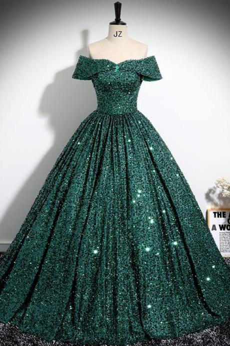 Off Shoulder Dark Green Sequins Ball Gown Prom Dress