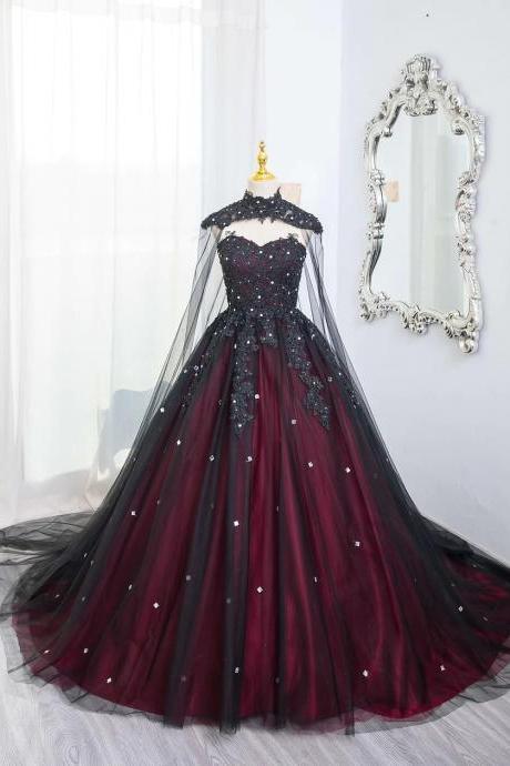 Gorgeous Black And Red Tulle Ball Gown Party Dress With Cape